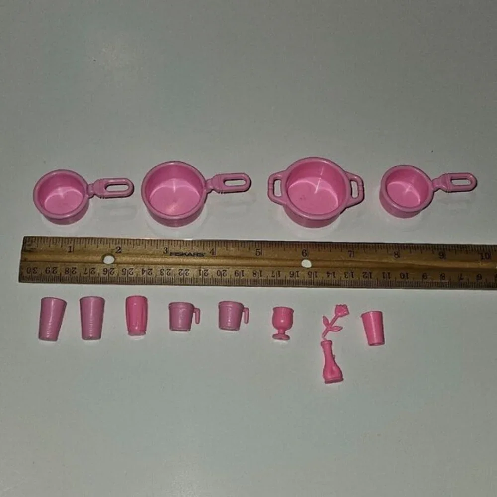 12 VTG Barbie Lot Pink Dishes Pans Cups Flower Vase Kitchen Accessories